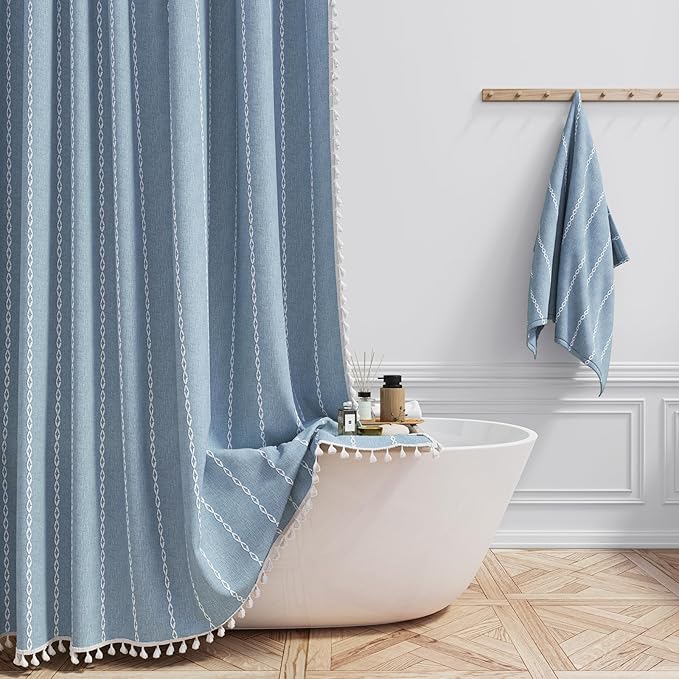 BTTN Boho Farmhouse Shower Curtain - Linen Rustic Heavy Duty Striped Fabric Shower Curtain Set, Bohemian Vintage Country Cloth Shower Curtains for Bathroom, Blue, 72" W x 96" L (Pack of 1)