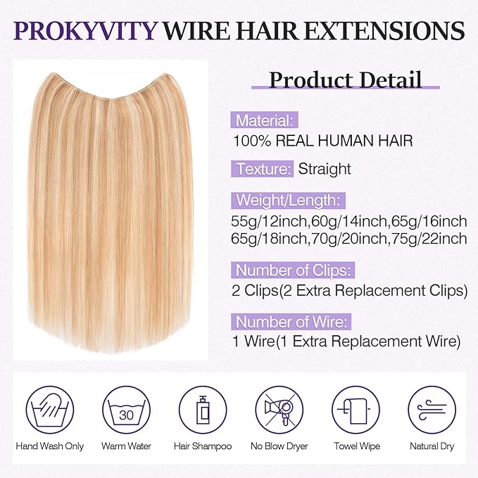Halo Hair Extensions Real Human Hair,Halo Hair Extension 100% Human Hair, Wire Hair Extensions,Straight 12P613 Golden Brown Mixed Bleach Blonde 12inch/55g