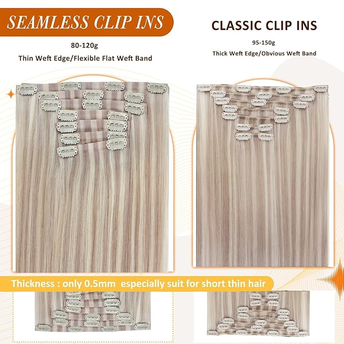 Full Shine Blonde Clip in Hair Extensions Highlights Human Hair Clip ins Ash Blonde Mix Bleach Blonde PU Clip in Hair Extensions Remy Hair 12 Inch 8 PCS 80 G