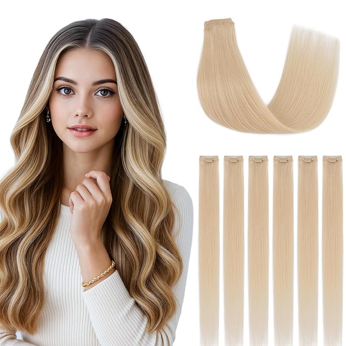 Clip in Hair Extensions Real Human Hair for Women, 20 Inch 44g 6pcs, Platium Blonde, Straight - Highlight, Add Volume and Length for Daily Wear, Parties, Weddings