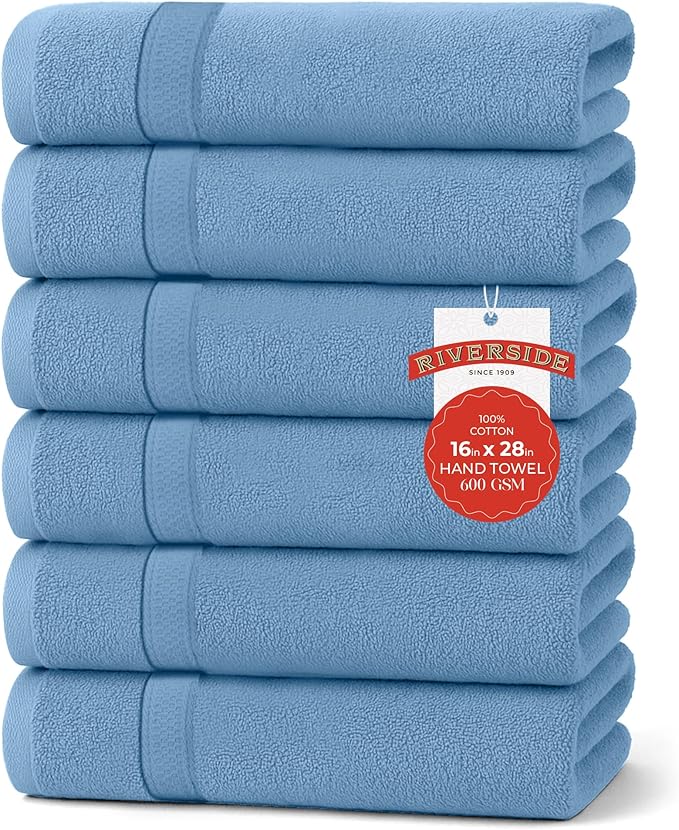 RIVERSIDE 6 Pack Premium Hand Towels Set, 16x28 inches, 100% Ring Spun Cotton, 600 GSM, Soft, Quick Dry and Highly Absorbent, Towels for Bathroom, Kitchen, Gym, Spa - M-Blue