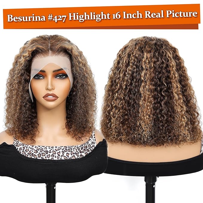 13x4 Honey Blonde Wig Human Hair #4/27 Highlight Ombre Lace Front Wig Human Hair 14 Inch Kinky Curly Bob Colored Wigs for Black Women 180% Density