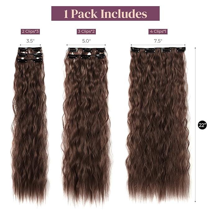 LONAI 6PCS Clip In Hair Extensions 24" Dark Chocolate Brown Hair Extension Long Mermaid Waves Synthetic Hairpiece For Women Natural Looking for Daily Use Cosplay Halloween Costume Party