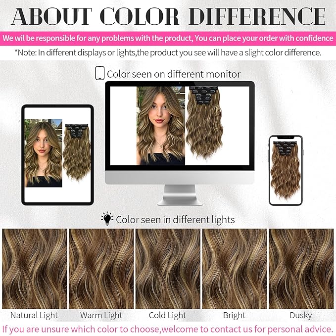 KooKaStyle Short Hair Extensions 6PCS 14 Inch Wavy Curly Hairpieces Synthetic Soft Lace Weft Clip in Hair Extensions-Light Brown with Caramel Blonde for Women