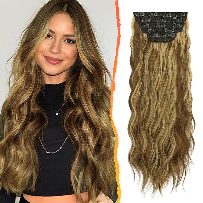 BARSDAR Highlight Clip in Hair Extensions - 20 Inch Wavy Clip in Hair Extensions for Women - 5PCs Thick Soft Synthetic Balayage Hairpieces Daily Party Halloween - Golden Brown with Highlights