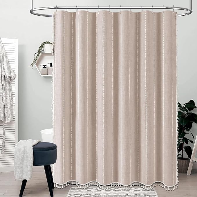BTTN Stall Shower Curtain - 60x84 Long Boho Farmhouse Linen Fabric Tassel Shower Curtain Set with 10 Plastic Hook, Narrow Bohemian Rustic Thick Decorative Cloth Shower Curtain for Bathroom - Taupe/Tan