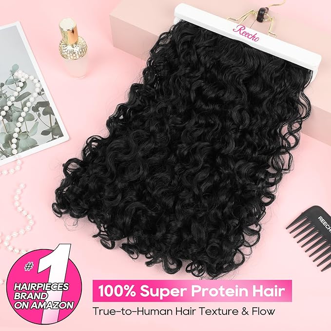 REECHO Curly Hair Extensions - 4PCS 18" GoGo Curly Clip in Hair Extensions 100% Super Protein Hairpieces with Invisible Lace Weft Silky Soft Natural Look for Women - Jet Black