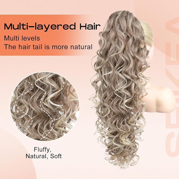 SEIKEA Ponytail Extension, 24" Fluffy Long Wavy Curly Claw Clip Hair Extensions Ponytail Multi-layered Clip in Fake Pony Tails Natural Soft Synthetic Hairpiece Glazed Mocha to Blonde