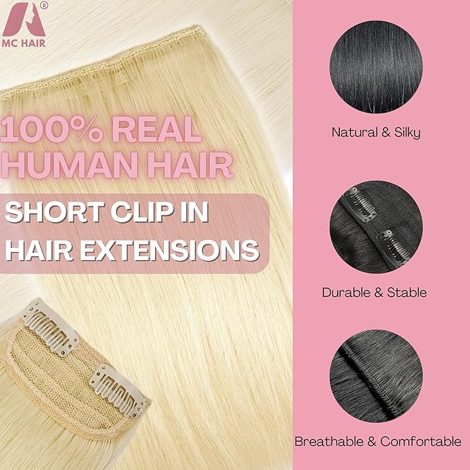 2 Pcs Short Hair Extensions, Human Hair Clip in Extensions for Women Adding Volume 10 Inch Platinum Blonde