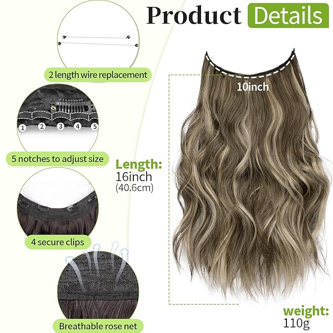 KooKaStyle Invisible Wire Hair Extensions with Transparent Headband Adjustable Size 4 Secure Clips Long Wavy Secret Wire Hairpiece 16 Inch 18H24#Medium Brown Ash Blonde for Women
