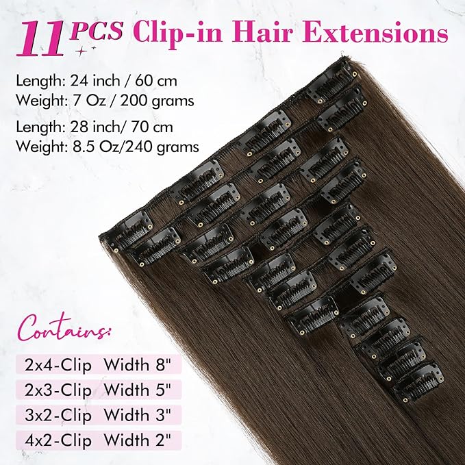 REECHO Hair Extensions, 11PCS Clip in Hair Extensions 28" Long Straight hair extensions HE005 Natural Soft Synthetic Hairpieces for Women Chocolate Brown