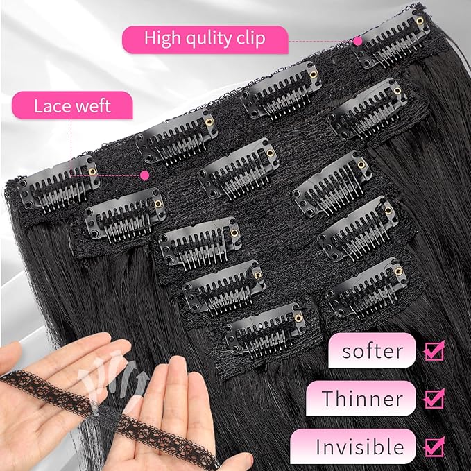 KooKaStyle Short Hair Extensions 6PCS 14 Inch Wavy Curly Hairpieces Synthetic Soft Lace Weft Clip in Hair Extensions-Black for Women