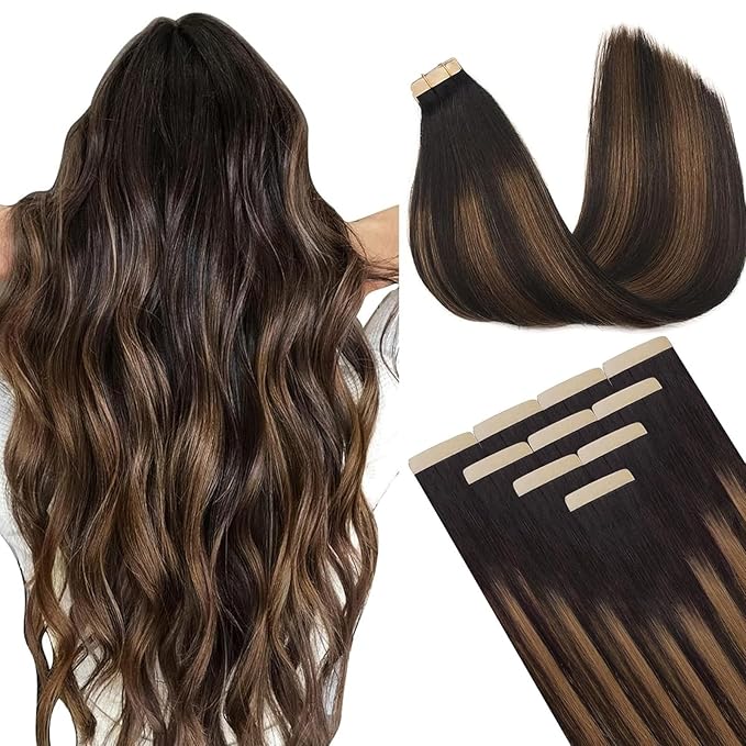 DOORES Hair Extensions Tape in Human Hair, Dark Brown to Chestnut Brown 10pcs 30g 20 Inch, Tape in Human Hair Extensions Natural Hair Skin Weft Silky Straight Hair