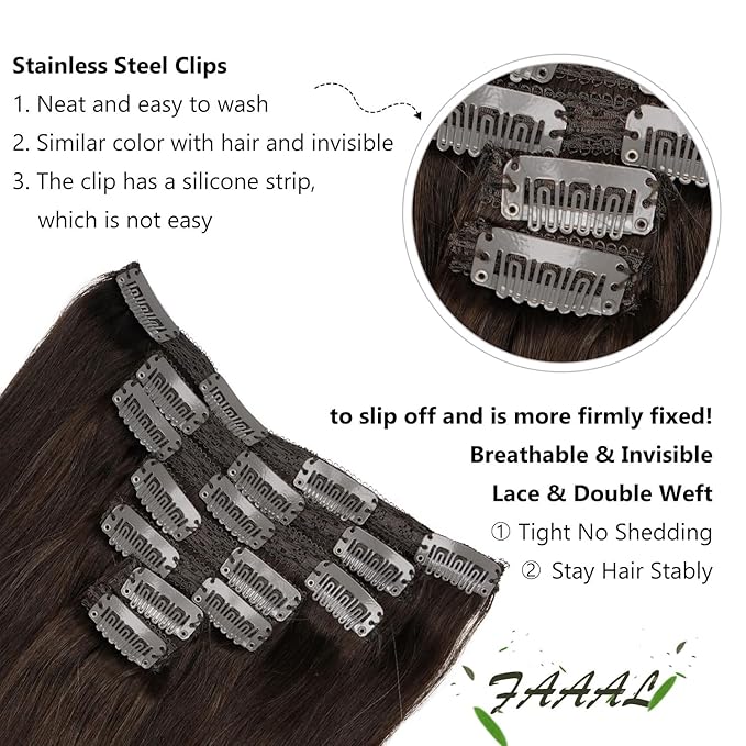 16 Inch Clip in Hair Extensions Real Human Hair 130g 7 Pieces 16 Clips #2 Dark Brown Hair Extensions Double Weft Human Hair Clip in Extension for Women