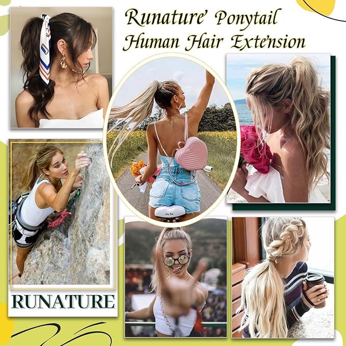 RUNATURE Human Hair Ponytail Black, Ponytail Extension Real Human Hair, Remy Ponytail Extension With Magic Paste, Soft Straight Hair Tangle Free, 16 Inch 80g #1B Off Black