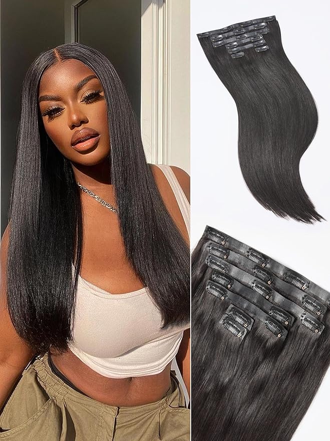LUVME Yaki Straight Seamless 110g 7Pcs Clip in Hair Extensions Full Max with 24inch Remy Human Hair Extensions, Natural Black 100% Real Soft Hair