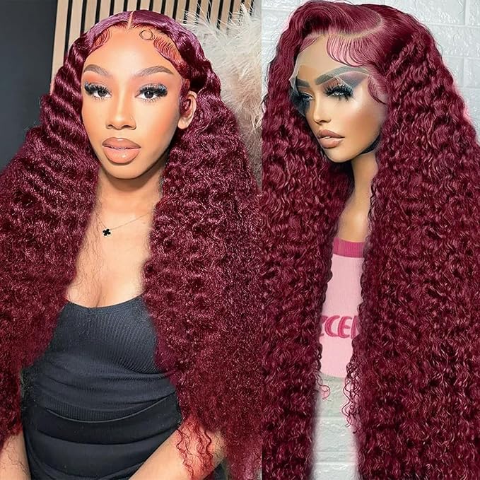 Burgundy Wig Human Hair 99j Burgundy 13x6 Deep Wave Lace Front Wigs Human Hair Pre Plucked 180% Density HD Transparent Lace Frontal Wigs for Black Women Red Colored Wig 34 Inch
