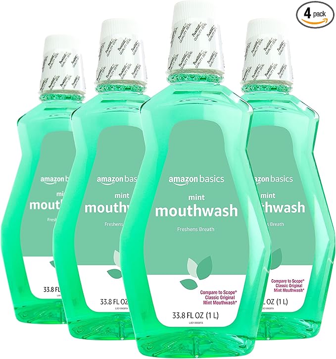 Amazon Basics Fresh Breath Mouthwash, Mint, 33.8 Fl Oz (Pack of 4), (Previously Solimo)