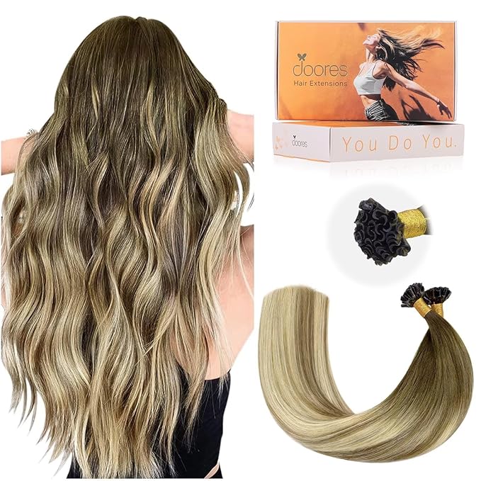 DOORES K Tip Hair Extensions Real Human Hair, Walnut Brown to Ash Brown And Bleach Blonde 14 Inch 50g/50s, Invisible U Tip Natural Straight