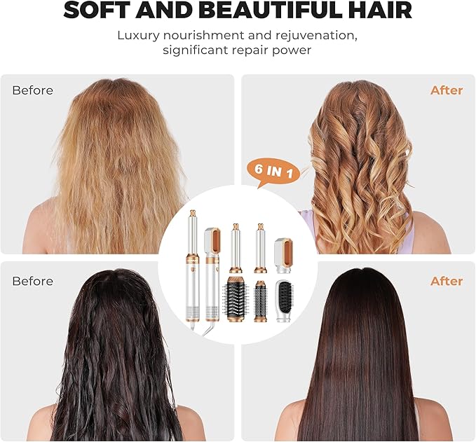 6 in 1 Blow Dryer Brush, Upgrade Hair Dryer Brush Set Negative Ion Air Styler Curling Wrap Air Curler, Hot Air Brush Curling Iron Hair Styling Tools As A Gift for Straight/Curl/Dry/Smooth
