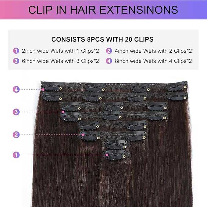 Dark Brown Clip in Hair Extensions, 20 Inch 105g, 2 Dark Brown Hair Extensions Real Human Hair, Invisible Seamless Remy Human Hair Clip Extensions for Women 8pcs Per Set with Double Weft