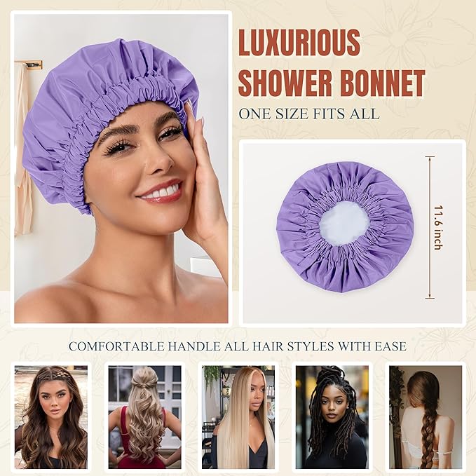 Reusable Shower Cap for Women, Stylish Large Waterproof Shower Bonnet Washable Wide Elastic Band Hair Cap for Long Hair, Braids Bath Hat(Purple)