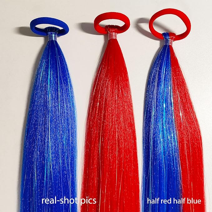 Red and Blue Hair Extensions for Braids Ponytail Extension 2 Packs, 20 inch Crazy Hair Day Accessories for Women, DIY Festival Wacky Rave Braids for Women,Tinsel Mixed