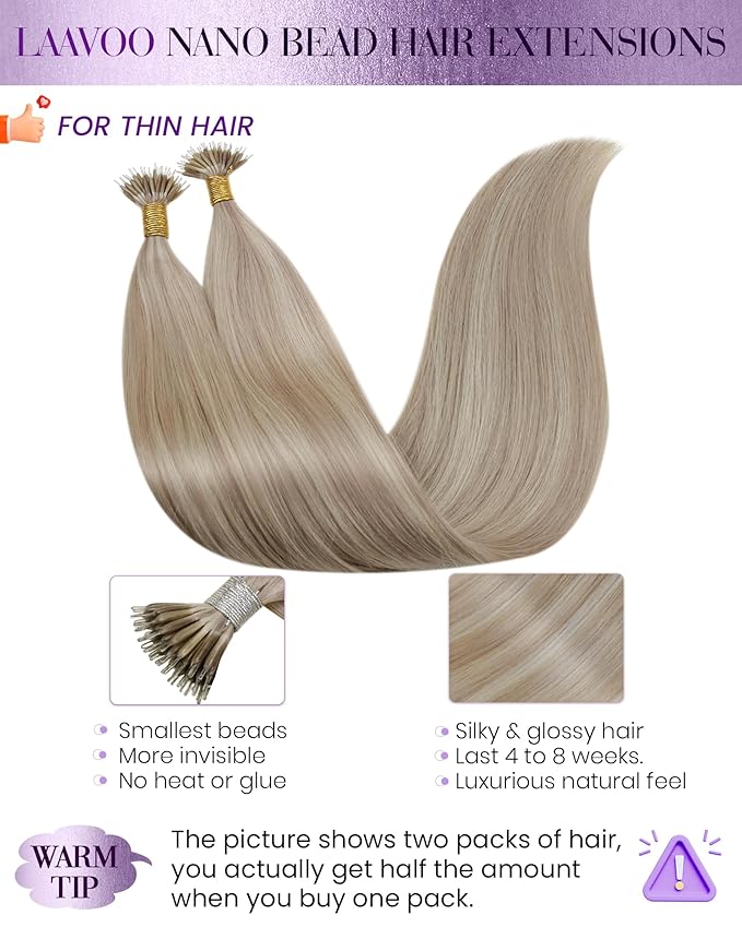 LaaVoo Nano Hair Extensions Ash Blonde Highlight with Bleach Blonde Nano Bead Hair Extensions Human Hair Invisible Cold Fusion 16 Inch 1g/s 50g