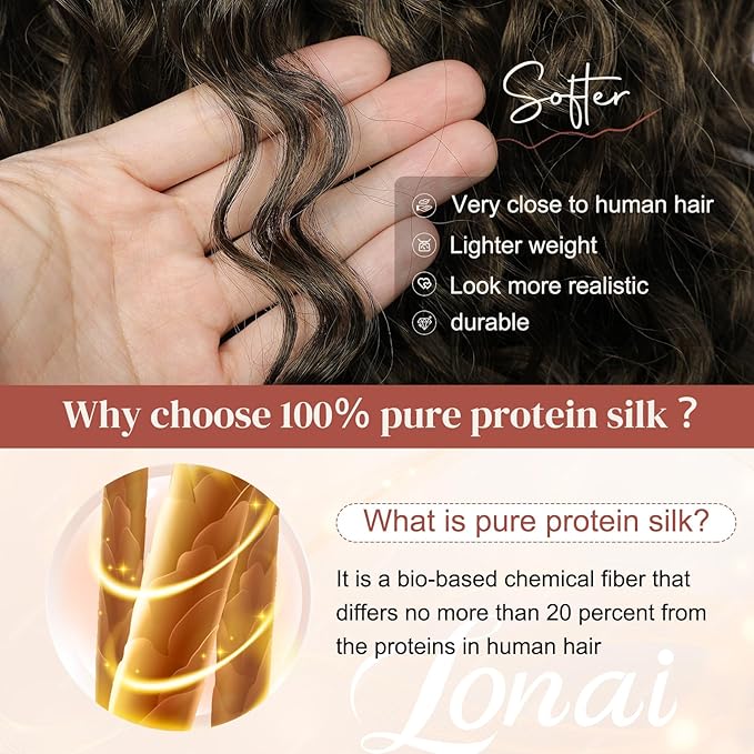 LONAI 4PC Clip in Hair Extensions, 100％ Pure Protein Silk Curly Hair Extension for Women, 26 Inch Long Soft Natural Hair Extensions-Brown to Dirty Blonde