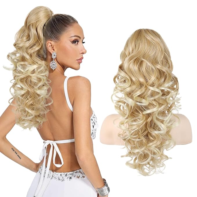 Flufymooz Ponytail Extension, 18 inch Wavy Curly Claw Clip Ponytail Extension Clip on Ponytails Natural Synthetic Hairpiece for Women Daily Wear (Medium Blonde with Light Blonde)