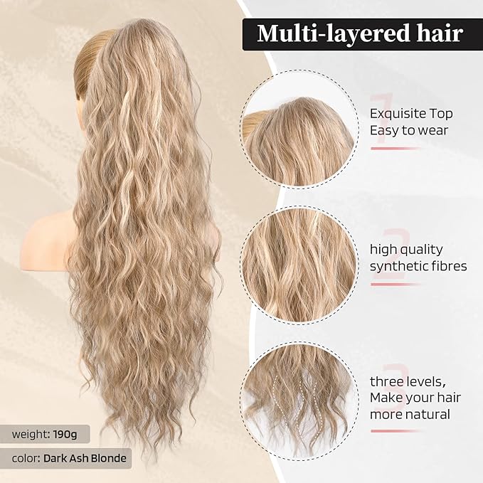 Flufymooz Ponytail Extension, 26 Inch Drawstring Ponytail Hair Extensions for Women， Long Curly Wavy Pony Tail Natural Wavy Synthetic Hairpiece for Women Daily Use party (26 Inch Dark Ash Blonde)