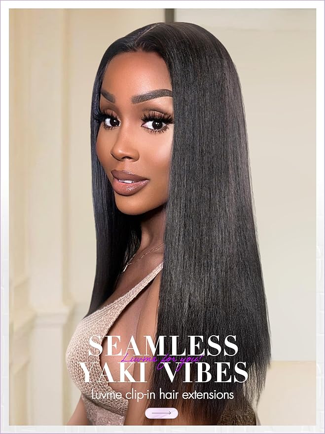 LUVME Yaki Straight Seamless 70g 4Pcs Clip in Hair Extensions Full Max with 24inch Remy Human Hair Clip ins Extensions, Natural Black 100% Real Soft Hair