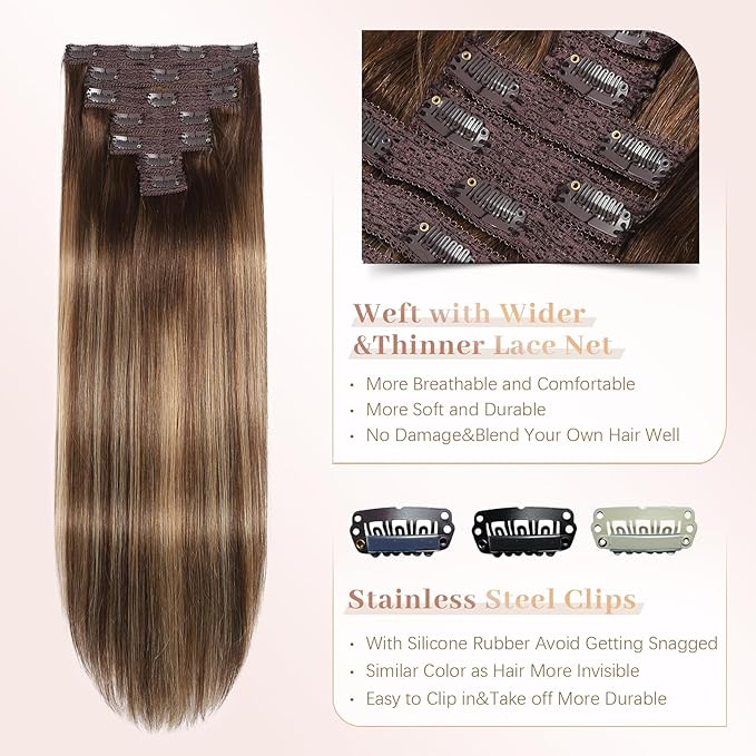 Sisily Clip in Hair Extensions Real Human Hair, Premium Human Hair Clip in Extensions Chocolate Brown to Blonde Balayage, Soft Straight Hair Extensions Real Human Hair Clip ins 7PCS （16 Inch）