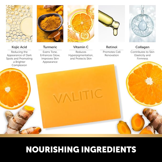 VALITIC Kojic Acid Vitamin C and Retinol Soap Bars with Turmeric for Dark Spot - Original Japanese Complex with Collagen, Hyaluronic Acid, Vitamin E (4 Pack) - with Soap Holder