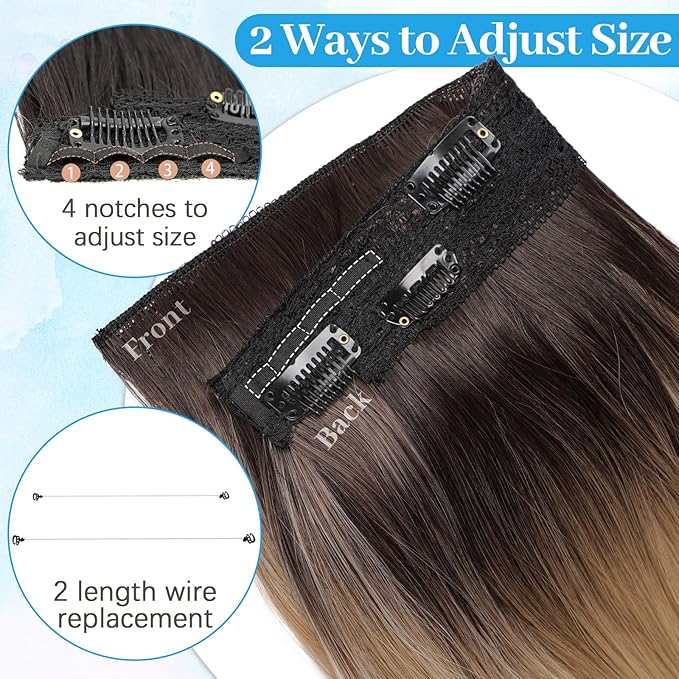 KooKaStyle Invisible Wire Hair Extensions Long Wavy Layered Synthetic Hair Extensions with Transparent Wire Adjustable Size 6 Secure Clips Brown to Blonde Hairpieces for Women 20 Inch