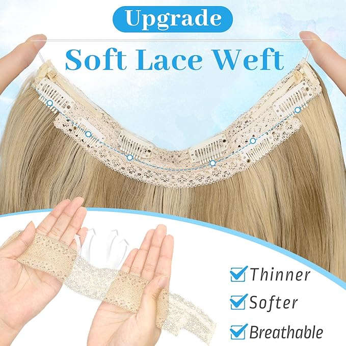 KooKaStyle Invisible Wire Hair Extensions Long Wavy Layered Synthetic with Transparent Headband Adjustable Size 6 Secure Clips Hairpieces for Women (20 Inch, Light Brown Mix Golden Blonde)