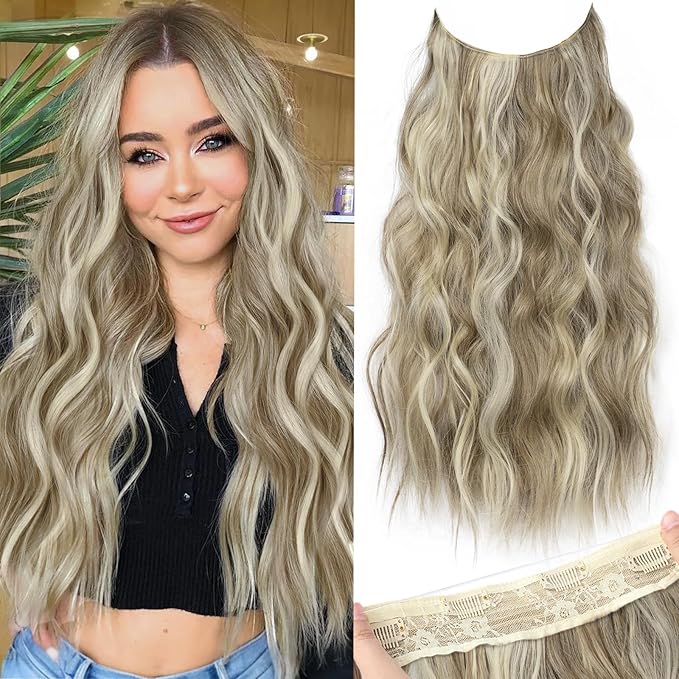 KooKaStyle Invisible Wire Hair Extensions with Transparent Headband Adjustable Size 4 Secure Clips Long Wavy Secret Wire Synthetic Hairpiece 20 Inch for Women(10H24#Dirty Blonde Mixed Bleach Blonde)