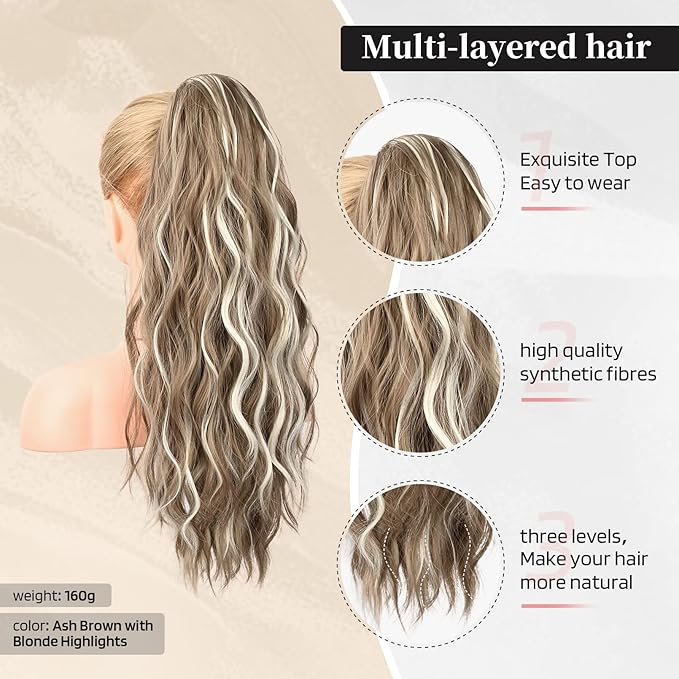 FLUFYMOOZ Ponytail Extension, 22 Inch Drawstring Ponytail Hair Extensions for Women， Long Curly Wavy Ponytail Natural Wavy Synthetic Hairpiece for Women (22" Ash Brown with Blonde Highlights)