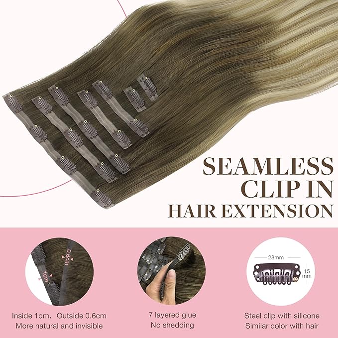 GOO GOO Clip in Hair Extensions Real Human Hair, Remy Human Hair Extensions Clip ins for Women, Natural Human Hair, 24inch 120g 7Pcs, 3/8/613 Balayage Walnut Brown to Ash Brown and Bleach Blonde