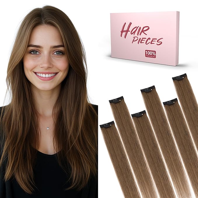 SEGO Single Clip In Hair Extensions Real Human Hair 6 Pcs Individual Clip Ins Remy Straight Soft Seamless Hairpieces for Women -14 Inch #04 Medium Brown