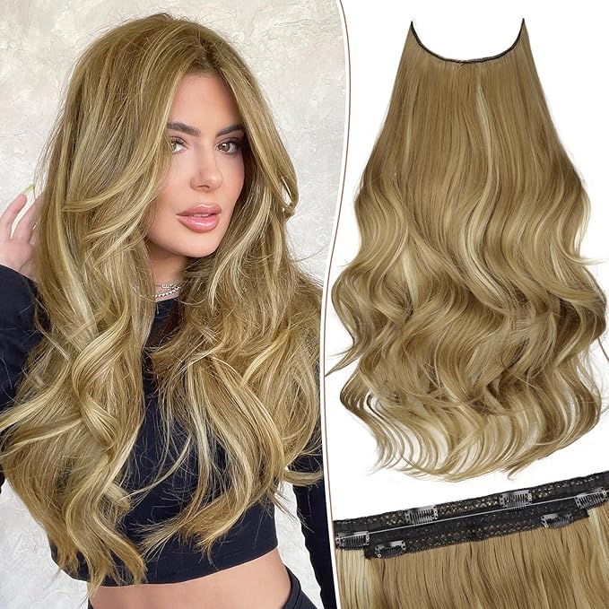 KooKaStyle Invisible Wire Hair Extensions Long Straight Layered Synthetic with Transparent Wire Adjustable Size 6 Secure Clips Hairpieces for Women(20 Inch,Honey Blonde with Platinum Highlights)