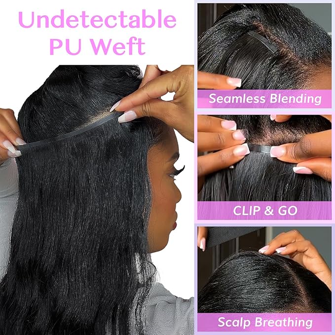 IDN BEAUTY Seamless Clip In Hair Extensions Human Hair, Yaki Straight 24 Inch 110g 7pcs Natural Black Remy Virgin Human Hair Seamless Clip Ins For Black Women PU Weft Invisible Edge