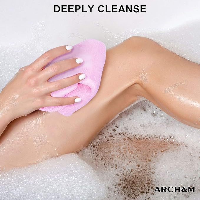 ARCH&M 3 Pack Exfoliating Towel for Body, 35-Inch Korean & Japanese Style Washcloth for Shower, Deep Clean & Smooth Skin, Nylon Back Scrubber, More Hygienic Than Loofah (Orange Purple Navy-Blue)