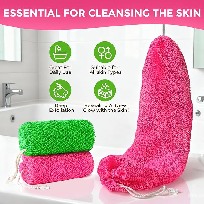 2 Pieces African Net Sponge Authentic, Durable Back Scrubber Washcloth for Shower, Exfoliating Net Sponge for All Skin, Bathing Accessories for Women (Pink and Green)