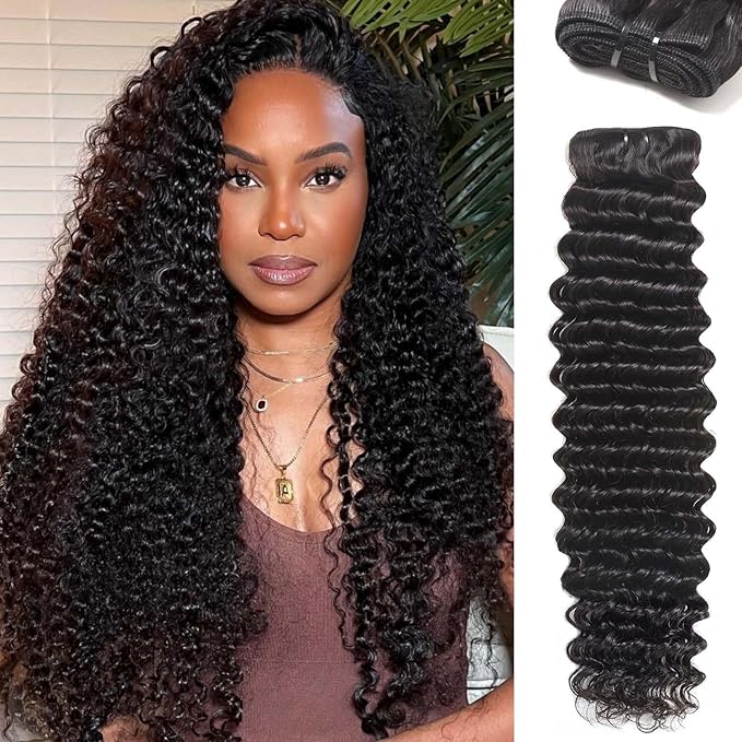 Deep Wave Bundles Human Hai 1 Bundles Human Hair Water Wave 26 Inch 12A Brazilian 100% Unprocessed Virgin Human Hair Deep Wave Curly Bundles Human Hair Weft Deep Curly Weave Natural Black