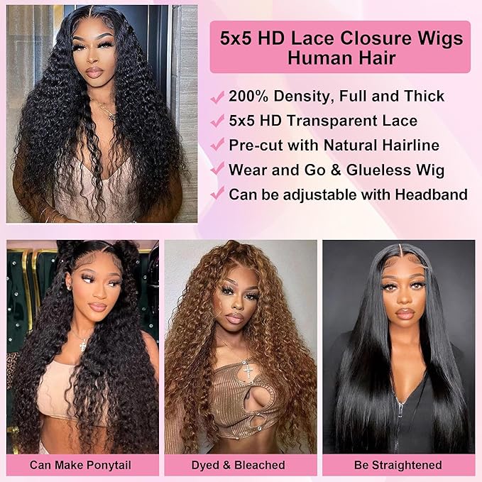 Wear and Go Glueless Wigs Human Hair Pre Cut 200% Density Water Wave 5x5 HD Lace Closure Wigs Human Hair with Baby Hair Pre Plucked Natural Hairline Wet and Wavy Wig for Women 22 Inch