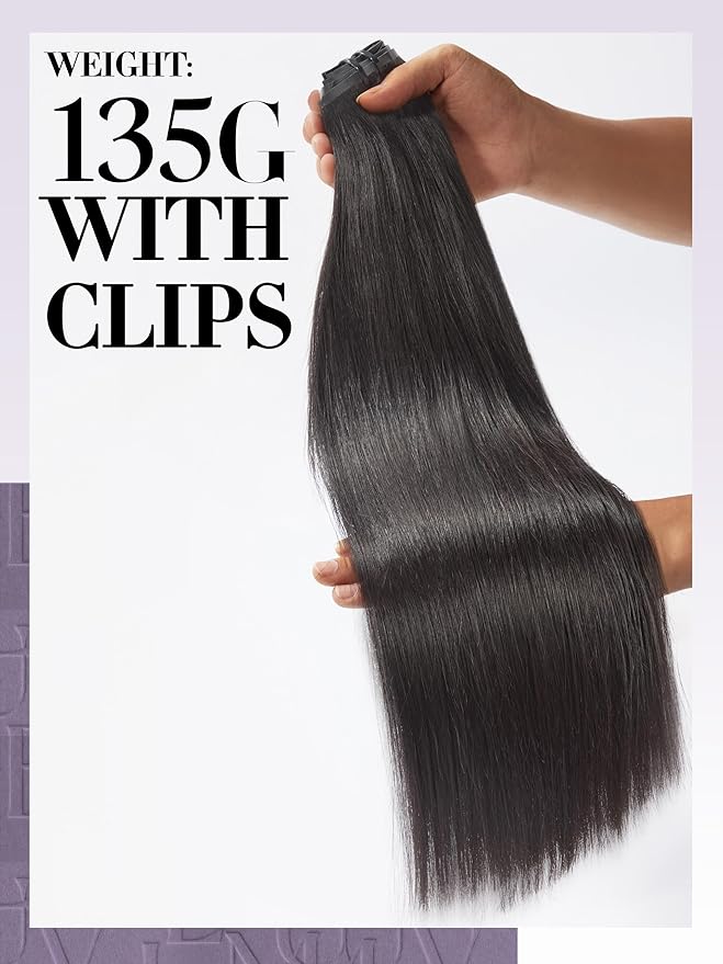 LUVME Hair Extensions Seamless Clip in Hair Extensions Human Hair Yaki Straight 135g 7pcs Natural Black Extensions 20 Inch Real Human Hair