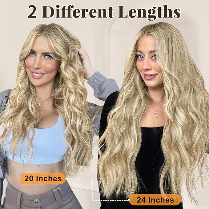 ALXNAN Clip in Long Wavy Synthetic Hair Extension 24 Inch Beach Blonde 4PCS Thick Hairpieces Fiber Double Weft Hair for Women