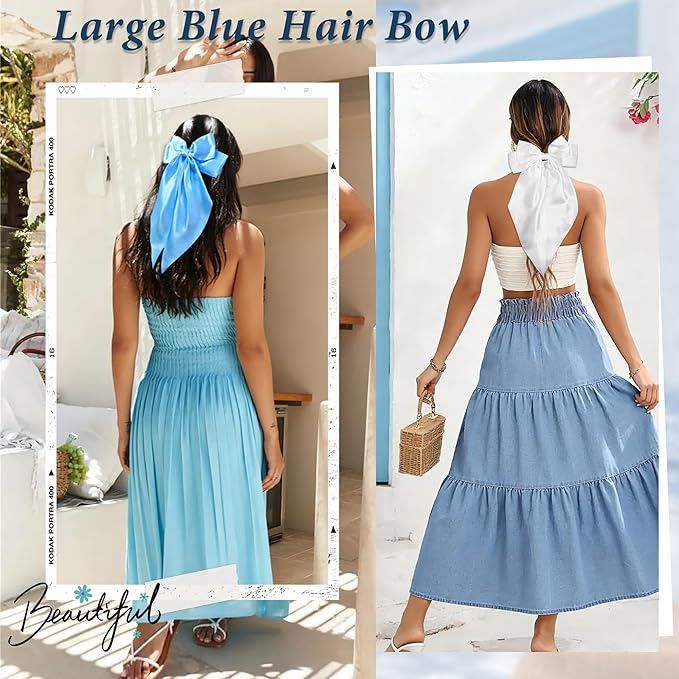 Blue Big Hair Bow for Women - 5Pcs Large Hair Clips for Girls Silky Satin Bows Set, Oversized Long Tail Cute Hair Ribbons Barrettes Aesthetic Hair Accessories Hairbows Gifts