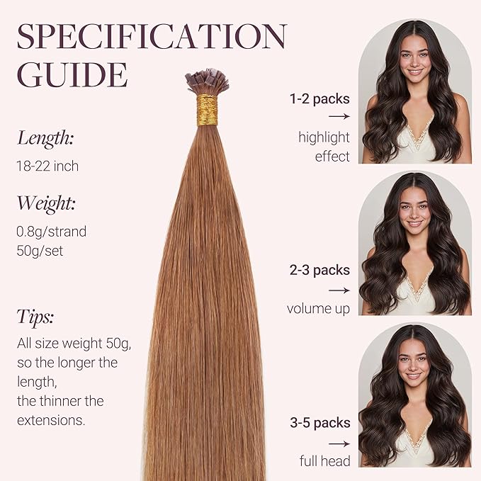 GOO GOO Mini Flat Tip Hair Extensions K Tip, Invisible Hot Fusion Human Hair Extensions, 20inch 50g 63S, 330 Cinnamon Terra Copper